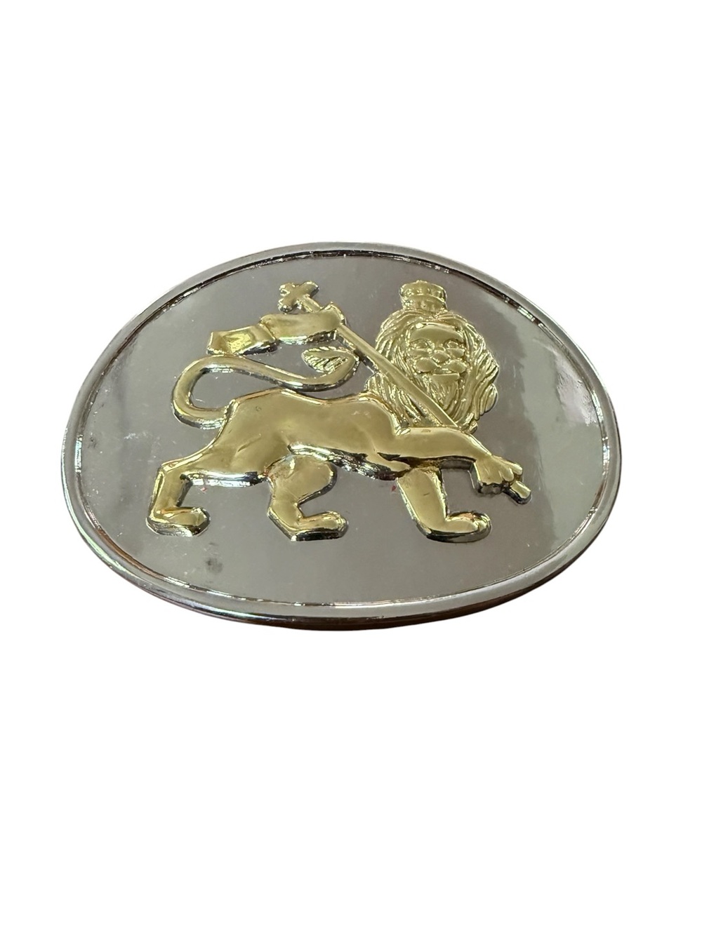 Lion of Judah Rastafarian Silver & Gold Tone Belt Buckle Staff Ethiopia Rasta